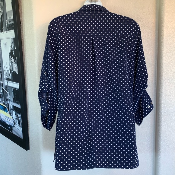NOTATIONS Navy/white polka dot shirt blouse, side slits, silver buttons. L EUC - Picture 6 of 17